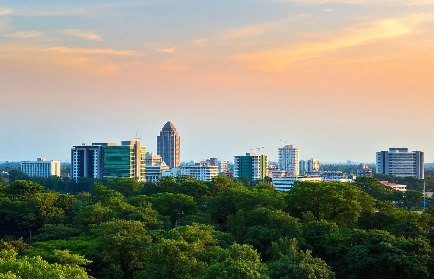 Bengaluru skyline with green tree canopy at golden hour