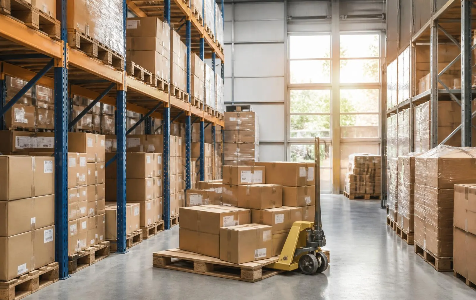 Business inventory in labelled cartons stacked on pallets and shelving racks inside an organized Bengaluru storage facility