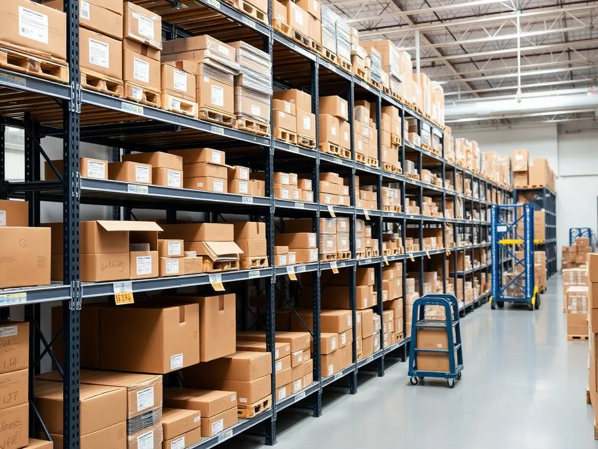 Business inventory neatly shelved in a modern warehouse