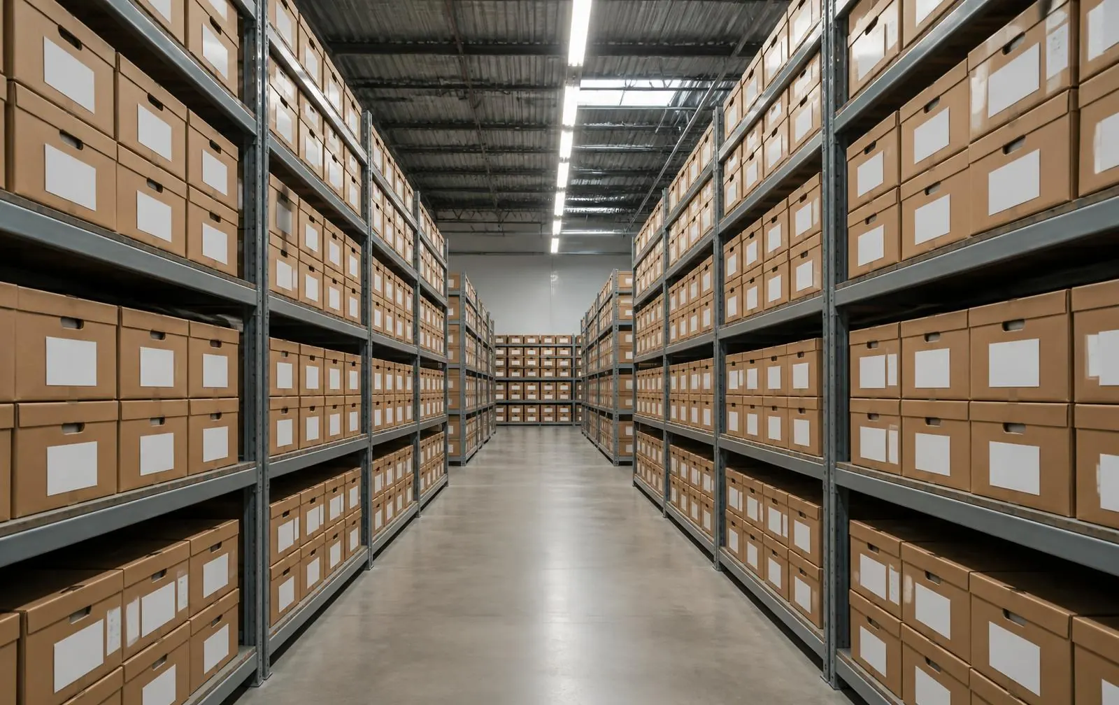 Rows of labelled cardboard archive boxes stored on steel racks inside an organized document storage facility in Bengaluru