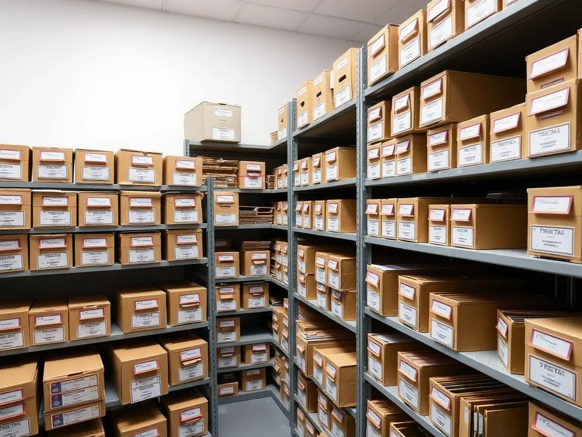Labelled document archive boxes on shelving in a records storage room
