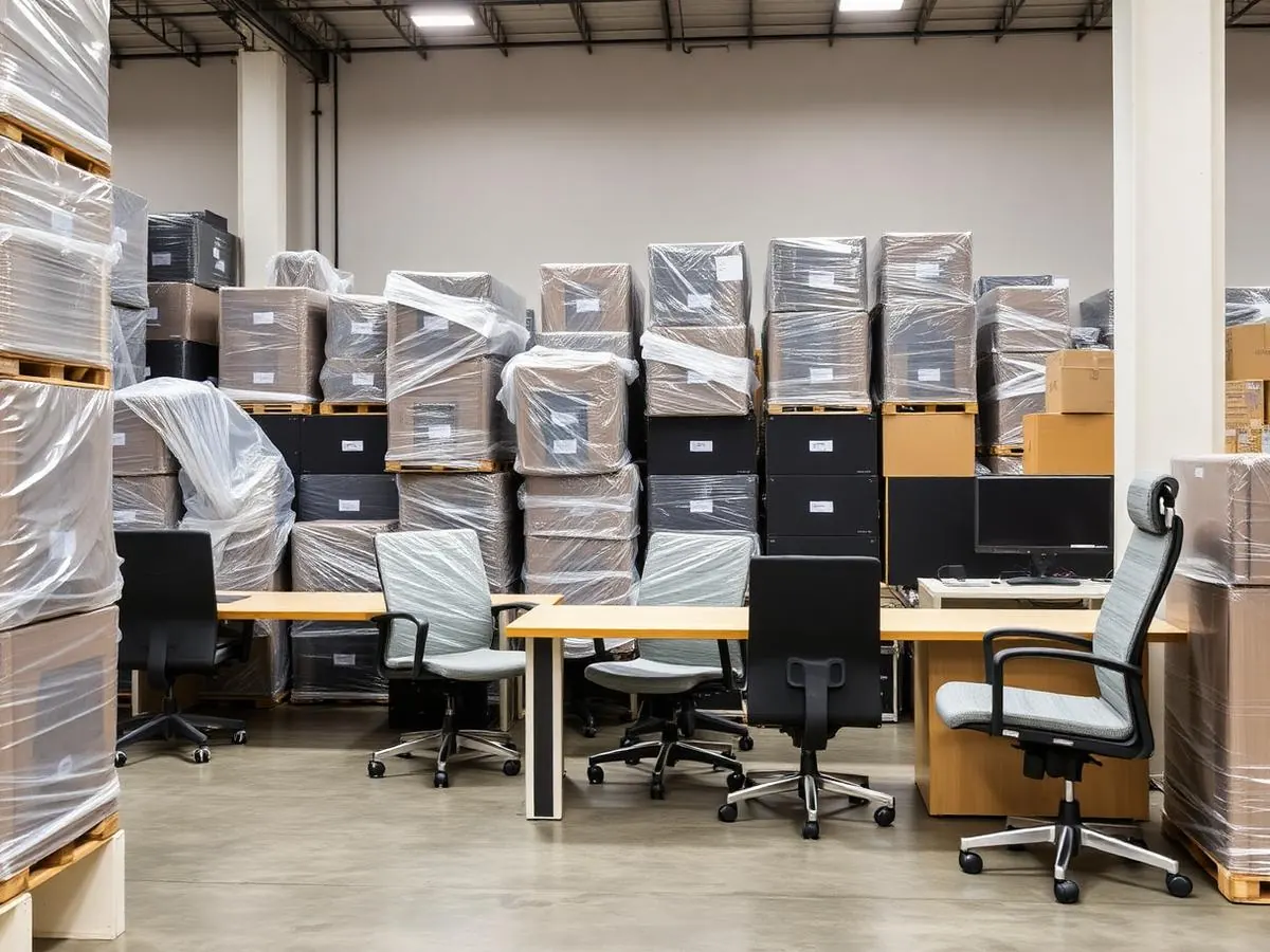 Wrapped office furniture and equipment stored in a warehouse bay