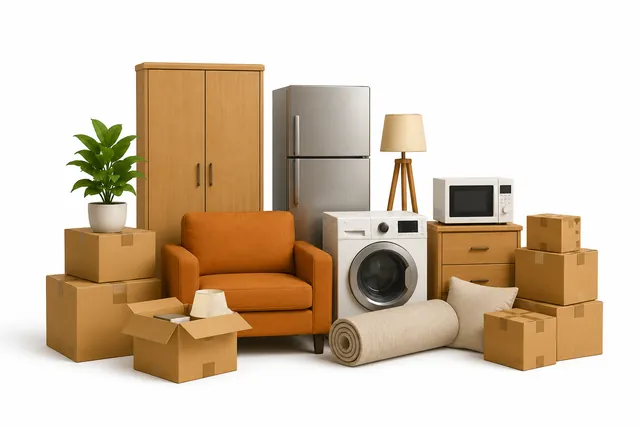 Typical 1 BHK household belongings: sofa, wardrobe, fridge, appliances and boxes