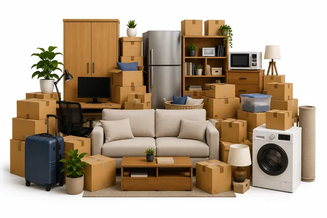 Typical 2 BHK household belongings: furniture, appliances and stacked cartons