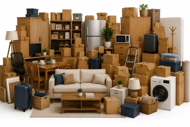 Typical 3 BHK household belongings: full home furniture, appliances and many cartons