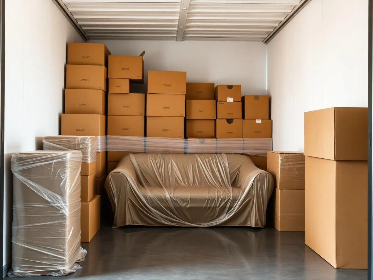 Household furniture and moving boxes stored in a clean storage unit